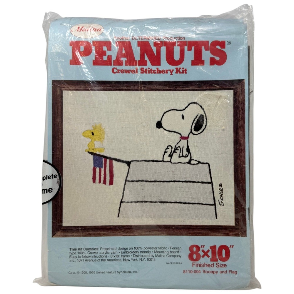 Malina Peanuts Crewel Stitchery Kit Snoopy Woodstock Flag Vintage 8x10 Frame